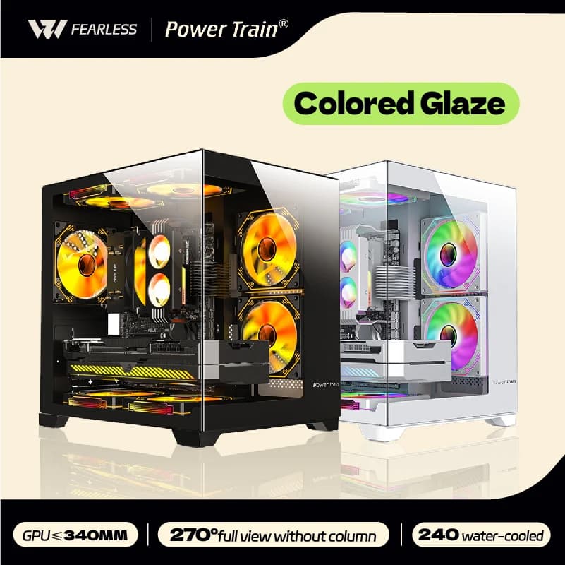 Power Train Coloured Glaze PC Case Sea View Room 270°full view without column Desktop Chassis Support 240 Water Cooler listed by on AliExpress