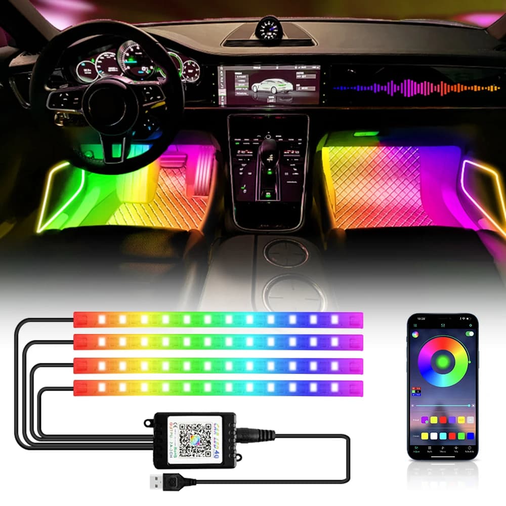 Neon 48 72 LED Car Interior Ambient Foot Light with USB Wireless Remote Music App Control Auto RGB Atmosphere Decorative Lamps listed by on AliExpress